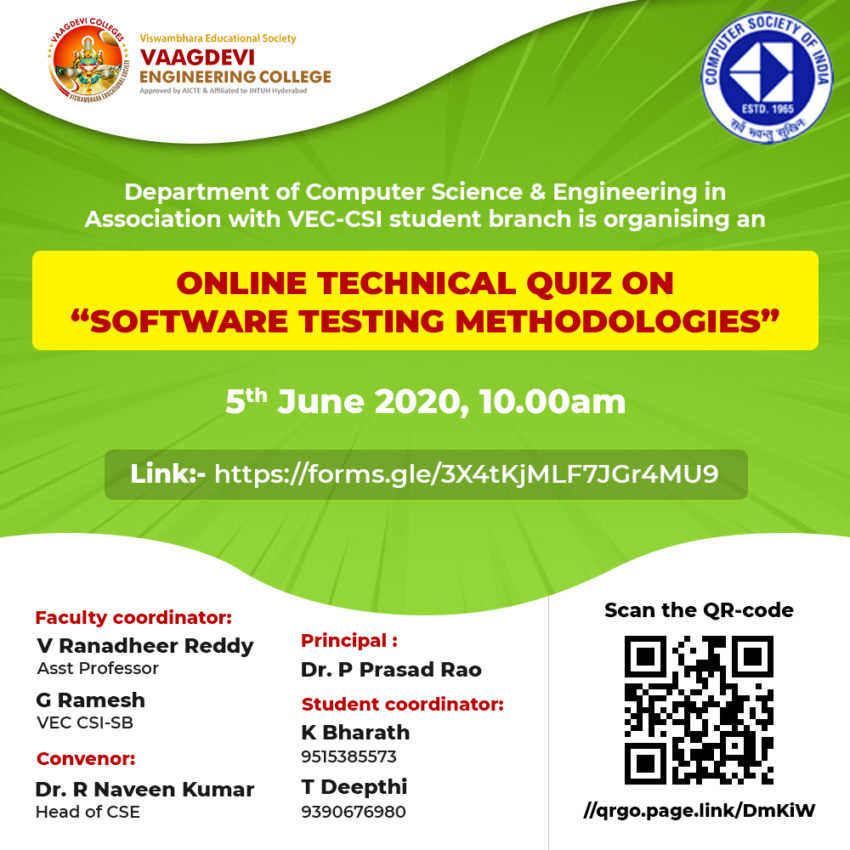 Online technical quiz on "Software Testing Methodologies" on 5th June